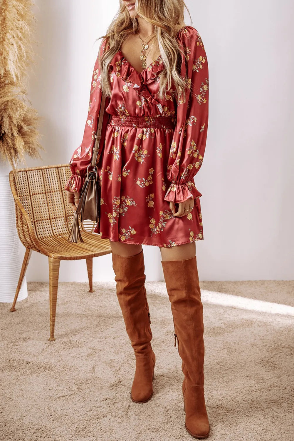 Ruffled Floral Sleeve Mini Dress