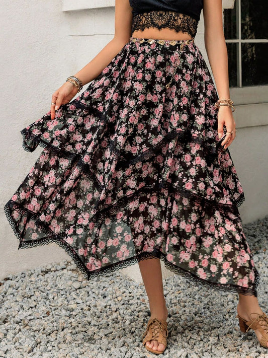 Lace Layered Printed Skirt